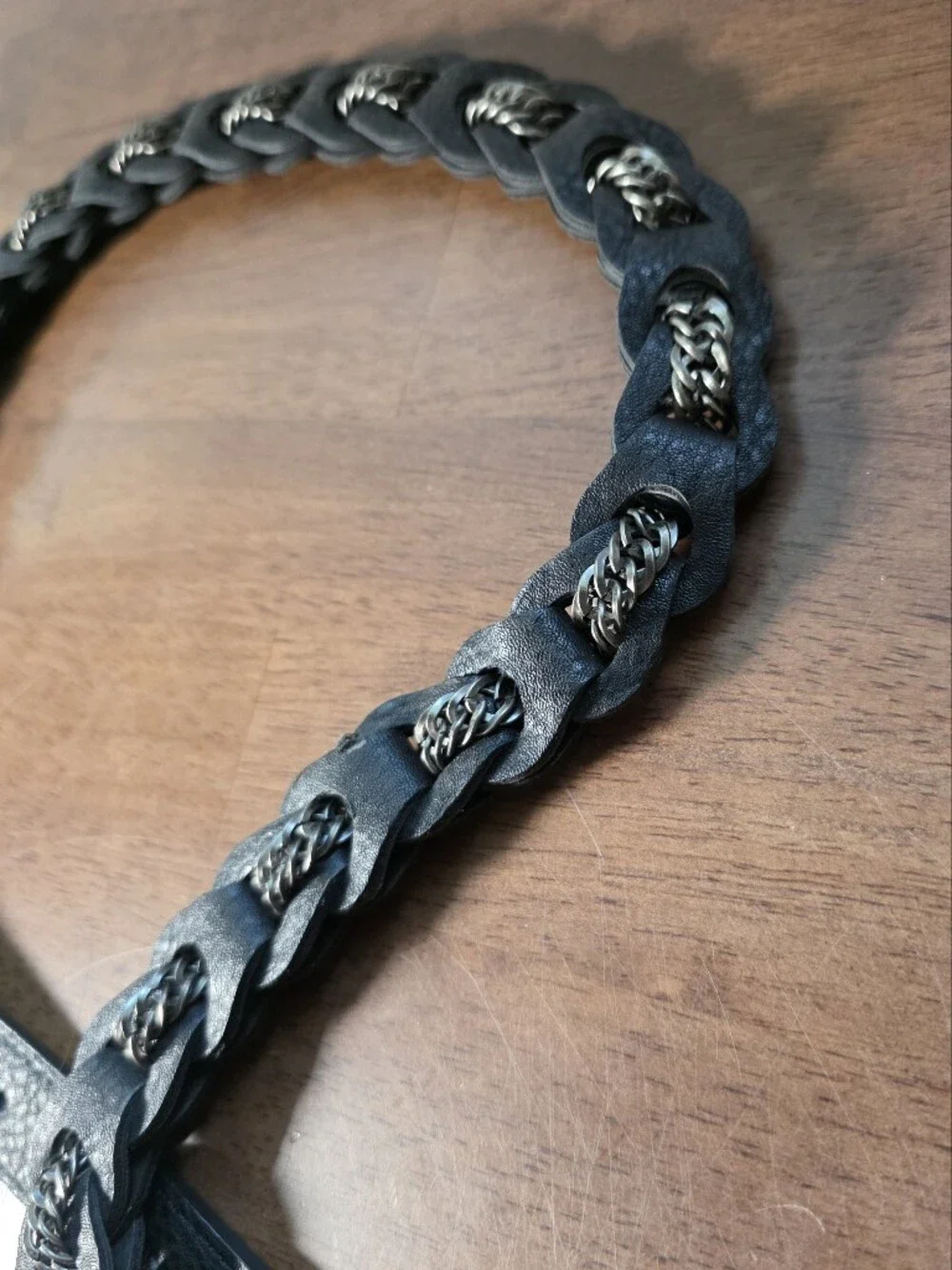 Black Braided Leather & Silver Chain Hybrid Statement Waist Belt
